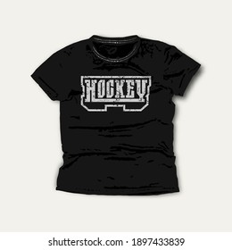 Hockey typographic emblem. Graphic design for t-shirt. Gray print on black wear