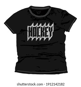 Hockey typographic emblem. Graphic design for t-shirt. Gray print on black wear