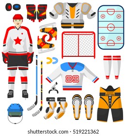 Hockey uniform and accessory set in flat style. Vector Isolated hockey uniform equipment and athlete. Hockey clothes equipment and accessories.