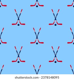 Hockey vector background. American ice hockey sticks and puck seamless pattern in a USA flag traditional colors and stars symbols. Winter sports repeated texture for sporting designs, prints.