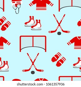 Hockey vector background. Vector seamless pattern. Men's ice hockey repeated texture. Winter sports designs, clothes prints. Puck, stick, skates, field, helmet, uniform, pants, gloves,t shirt, gate