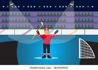 Hockey vector concept: Hockey player celebrating his winning in the stadium