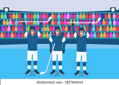Hockey vector concept: Three hockey team players posing together in the arena