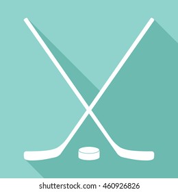 hockey vector icon with long shadow. White illustration isolated on green background for graphic and web design.