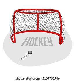 Ilustración vectorial de hockey.  Red de hockey y patines