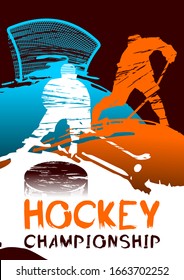 Hockey vector illustration, sport background in grunge style with paint stains for poster, invitation, booklet, flyer, postcard