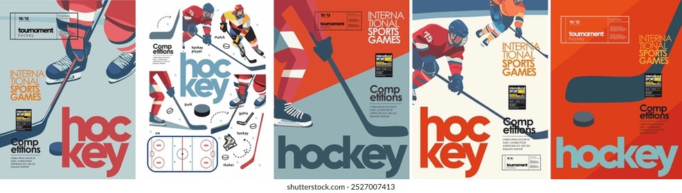 Hockey. Vector modern illustration of hockey player, match or tournament on ice, puck, stick, skates for poster, background, flyer or leaflet