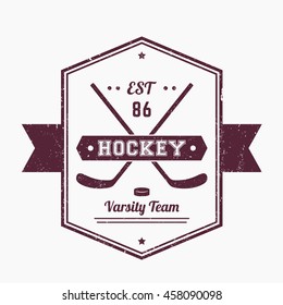 Hockey vintage emblem, logo with crossed sticks, grunge textures can be removed