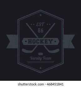 Hockey vintage emblem, logo with crossed sticks, gray on black