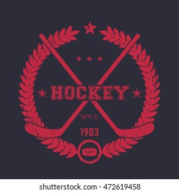 Hockey vintage emblem, logo with crossed sticks, red on dark