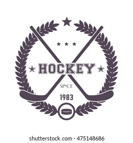 Hockey vintage emblem, logo with crossed sticks and puck on white