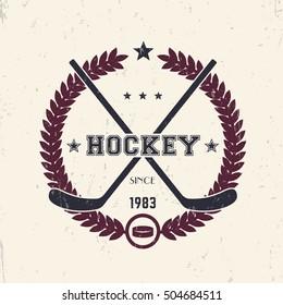 Hockey vintage emblem, logo with crossed sticks, grunge texture can be removed, vector illustration