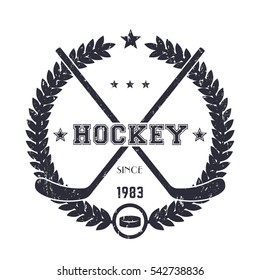 Hockey vintage emblem, logo with crossed sticks over white