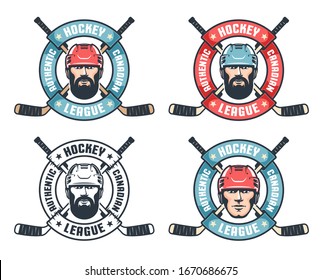 Hockey vintage logo with bearded player, crossed sticks and round ribbon. Sport retro emblem. Vector illustration.