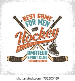 Hockey vintage logo with inscriptions, crossed sticks, retro skates. Worn texture on  separate layer and can be easily disabled.