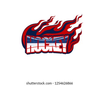 hockey, the word in the form of a logo with the image of the ice arena inside and the flame around, isolated image in red and blue colors. vector eps 10
