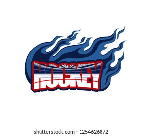 hockey, the word in the form of a logo with the image of the ice arena inside and the flame around, isolated image in red and blue colors. vector eps 10
