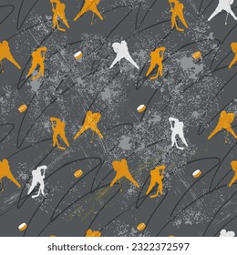 Hockey yellow and gray seamless pattern. Young players with hockey sticks and pucks. Ultra blue area for skating. Vector illustration.