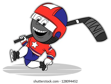 Hockey-puck with the stick running on the shoulder. Can be used as a logo or team talistman hockey team.