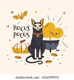 Hocus Pocus and cute mystic black cat  pumpkin  bat   cauldron  Adorable cat Halloween card poster and lettering  good for t shirt  gift  mug other designs