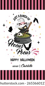 Hocus Pocus Halloween Gift Tag Design with Black Witch Cat Brewing Potion in Couldron with Bats and Sparkles