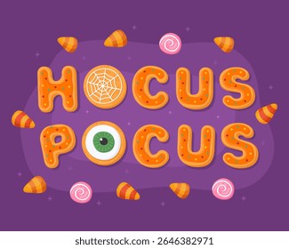 "Hocus Pocus". Cartão comemorativo de Halloween, pão de gengibre de halloween laranja em um fundo roxo. Doces de Halloween, doces de milho, biscoito em forma de olho, biscoitos em forma de carta.