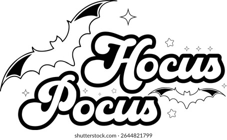"Hocus Pocus Halloween Typography T-Shirt Design with Bats and Stars"