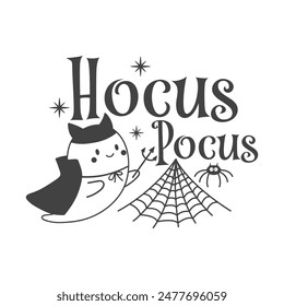 Cita del Vector de Hocus Pocus Halloween. Linda Ilustración vectorial fantasma. Halloween embrujado, boo espeluznante. Feliz cita de Festiva divertido diseño aislado sobre fondo blanco.