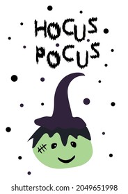 Hocus Pocus. Hand drawn card for Halloween poster, greeting card, print or banner. Vector holiday illustration isolated quote on white background.