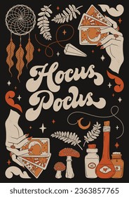 Hocus Pocus - hand drawn lettering phrase. Hand drawn vintage poster with decorative spooky elements, taro cards, dream catcher, magic potions, leaves, mushrooms.