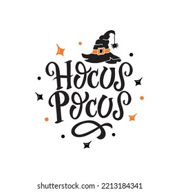 Hocus Pocus hand drawn text isolated on white background. Modern brush ink calligraphy, hand lettering. Black witch hat with spider. Vector illustration. Happy Halloween holiday quote, greeting card 