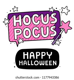 HOCUS POCUS lettering and magic wand  Halloween background  Doodle style