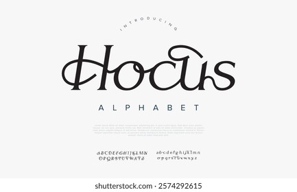 Hocus typography beauty fashion elegant minimalist serif italic fonts decorative wedding vintage retro logos. Minimal luxury font alphabet logo. Vector illustration