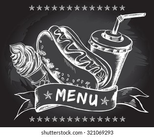Hod dog, ice cream, drink in a cardboard cup with a straw and banner. Hand drawn vector illustration. Menu template. Illustration on a blackboard.