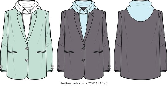 Vorder- und Rückseite des Hoddie Blazer mit technischer Zeichenkette, Vektorgrafik-Vorlage