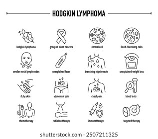 Hodgkin-Lymphom-Symptome, Diagnose- und Behandlungsvektorsymbole. Editierbare medizinische Symbole für Zeilen.