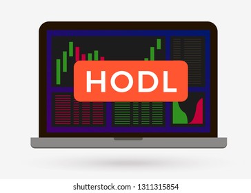 HODL button cryptocurrency trading candlestick chart on laptop screen. Trade flat vector illustration. Crypto currency exchange market graph on computer display creative concept.