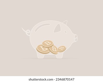 Hodl or hold Bitcoin cryptocurrency concept. Several bitcoin coins lie inside piggy bank, symbolizing hodl or storage and long-term investment in deflationary electronic cryptocurrency. Hodl icon