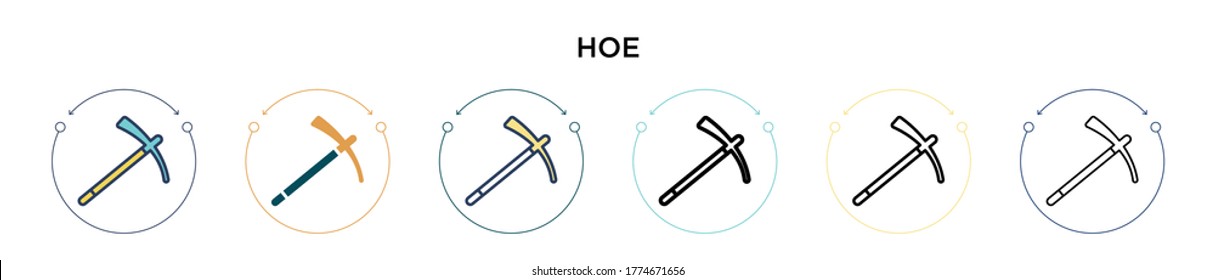 Hoe icon in filled, thin line, outline and stroke style. Vector illustration of two colored and black hoe vector icons designs can be used for mobile, ui, web