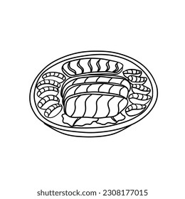 Hoe is korean dish. Pieces of fish. Japanese raw sashimi. Asian gourmet cuisine. Vector illustration in outline style