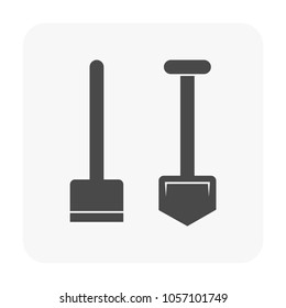 Hoe or spade and shovel vector icon. Equipment hand tool for agriculture at garden, farm, yard, backyard. Include wooden handle, steel for dig, scoop of soil, snow, ground, earth, plant and weeding.
