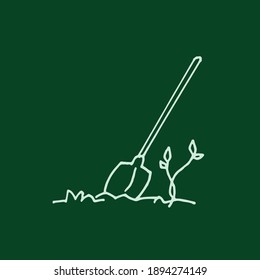 hoe and sprout icon isolated on green background. gardening tools. gardening design template. gardening time. hand drawn vector. doodle for wallpaper, cover, banner, poster, sticker, theme web. 