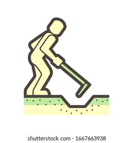 Hoe and worker and soil excavation work vector icon design.