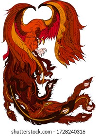 hoenix fire bird isolate auf weißem Hintergrund.Vector Illustration und handgezeichneter Stil. Chinesisches Pfauentattoo.