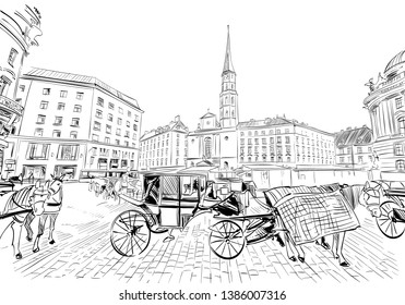 Hofburg palace. St. Michael's Square. Vienna, Austria. Hand drawn sketch vector illustration.