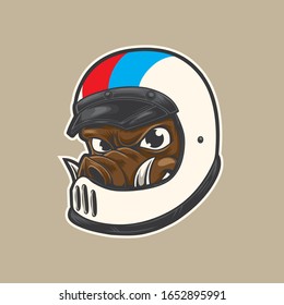 Hog biker animal motocross biker vector logo. Hog wearing helmet.