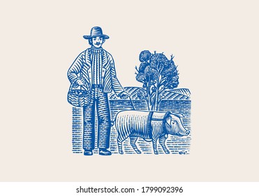 Hog And Farmer For Locating Truffles Mushrooms. Domestic Pig . Engraved Hand Drawn Vintage Sketch. Woodcut Style. Vector Illustration.