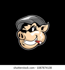 hog or pig with flat hat and glasses and cigarette