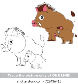 Hog Piggy Mom and her child to be traced only of one line, the tracing educational game to preschool kids with easy game level, the colorful and colorless version.