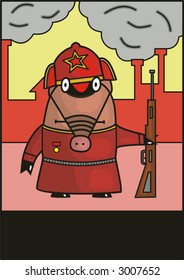 Hog with rifle in red army uniform (vector). Hat with big red star.